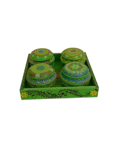Painted Wooden Dryfruit Tray with 4 Bowls Set Green