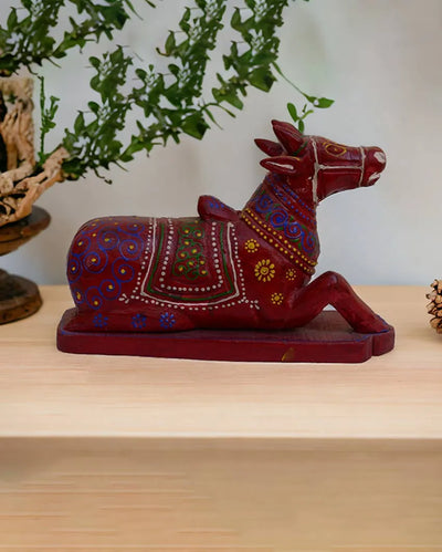 Painted Cow Nandi Wooden Table Décor Showpiece Pink