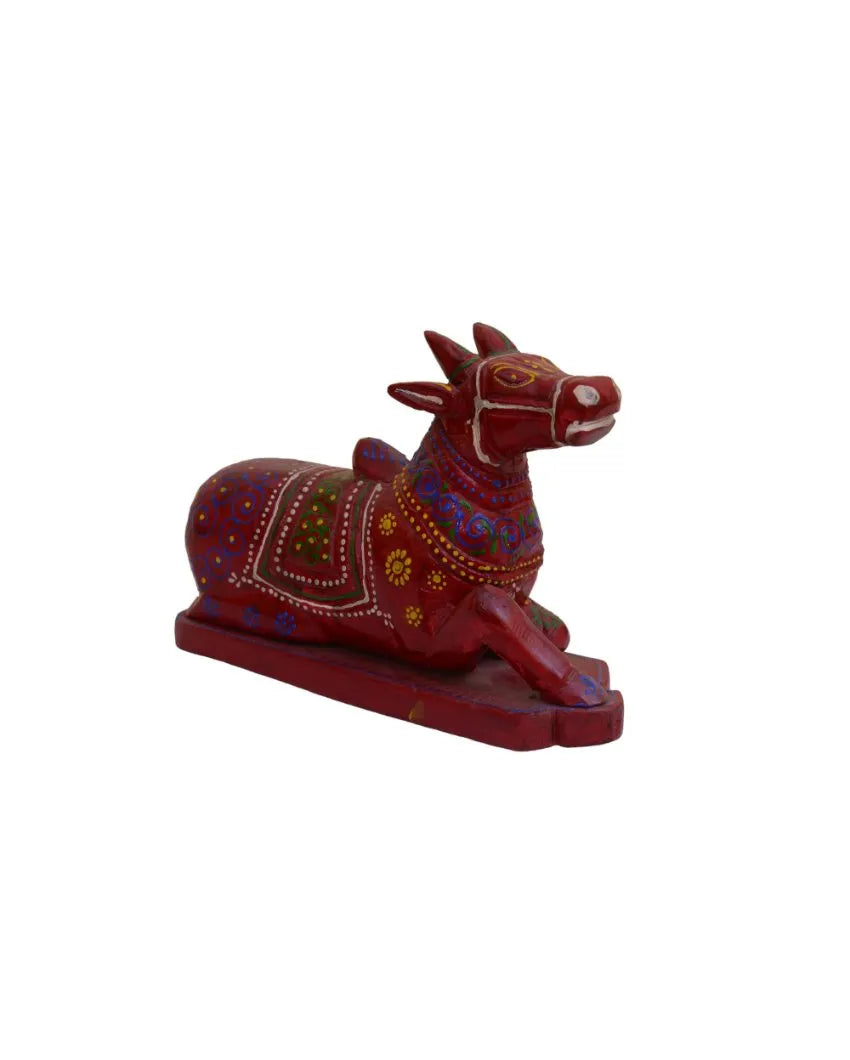 Painted Cow Nandi Wooden Table Décor Showpiece Pink