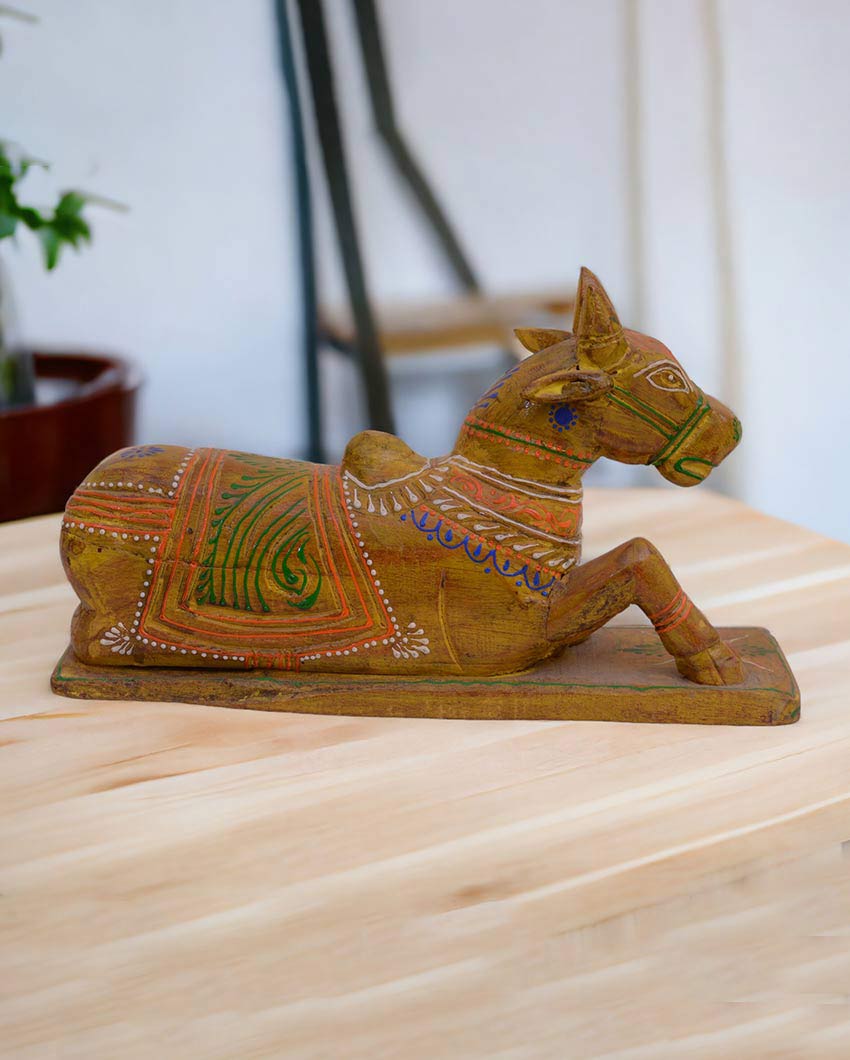 Painted Cow Nandi Wooden Table Décor Showpiece | 12 x 4 x 8 inches