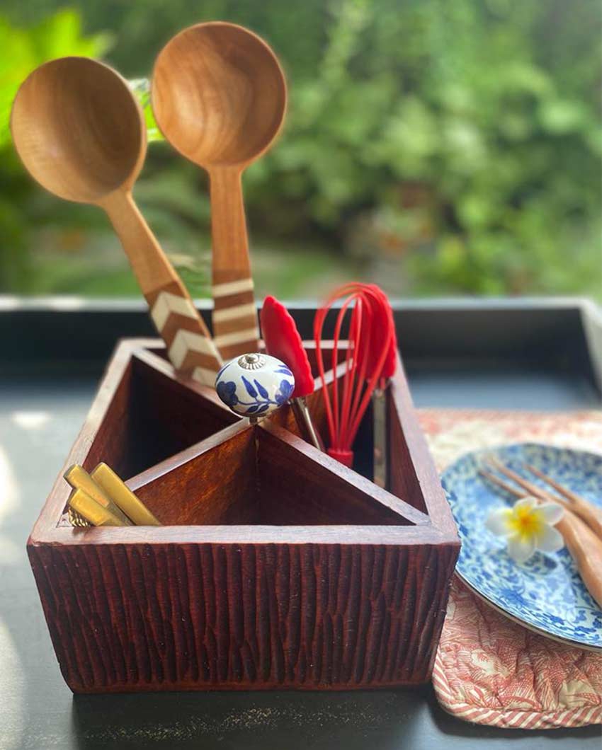 Crown Square Mango Wood Cutlery Stand