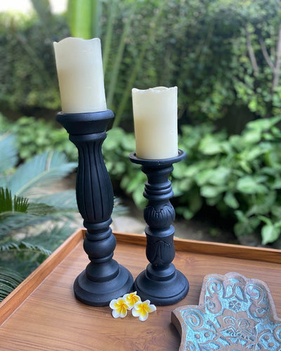 Stunning Mango Wood Black Pillar Candle Stand | Set of 2