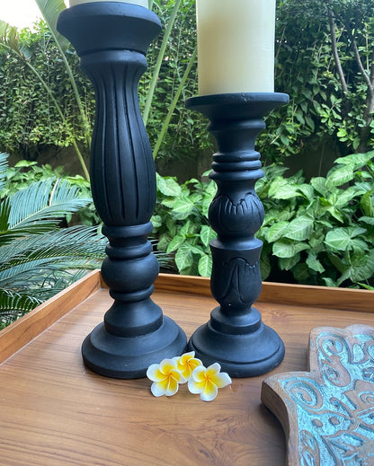 Stunning Mango Wood Black Pillar Candle Stand | Set of 2