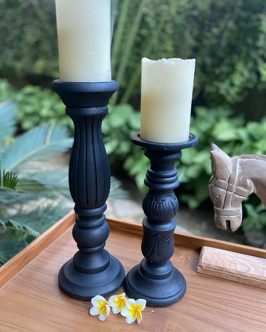 Stunning Mango Wood Black Pillar Candle Stand | Set of 2