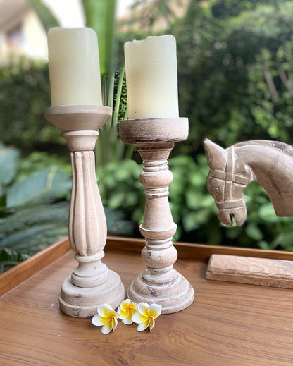 Primitive Mango Wood Rustic Beige Pillar Candle Stand | Set of 2