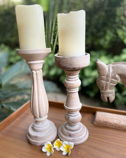 Primitive Mango Wood Rustic Beige Pillar Candle Stand | Set of 2