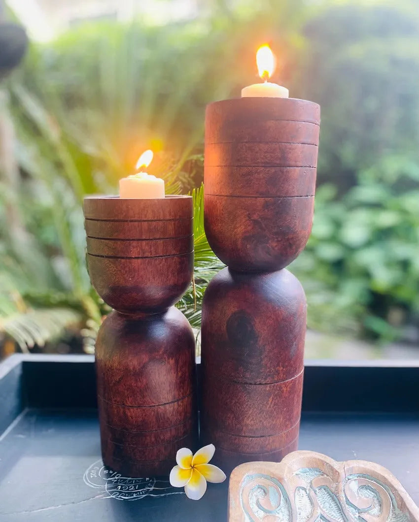 Sophisticated Mango Wood Walnut Dome Candle Stand | Set of 2