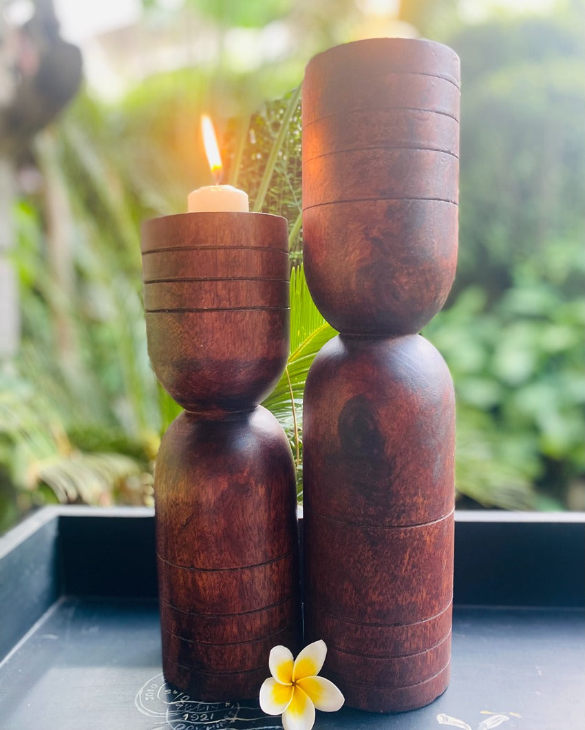 Sophisticated Mango Wood Walnut Dome Candle Stand | Set of 2