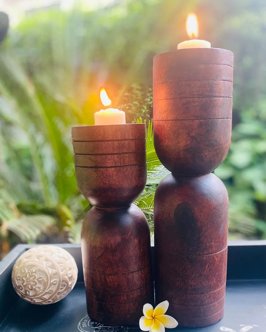 Sophisticated Mango Wood Walnut Dome Candle Stand | Set of 2