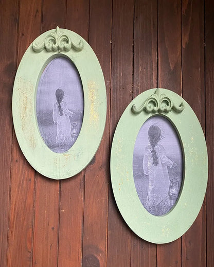 Vintage Engineered Wood Sage Antique Oval Frame | Set of 2 | 9 x 6 inches