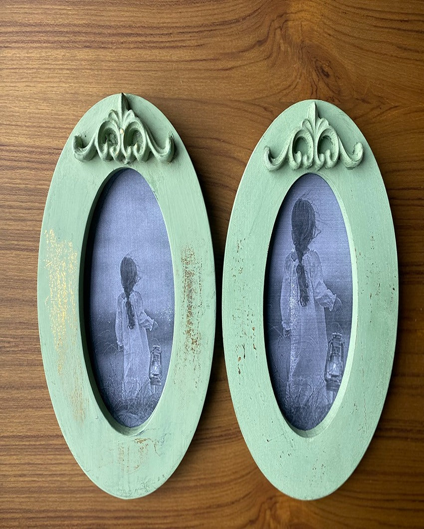 Vintage Engineered Wood Sage Antique Oval Frame | Set of 2 | 9 x 6 inches