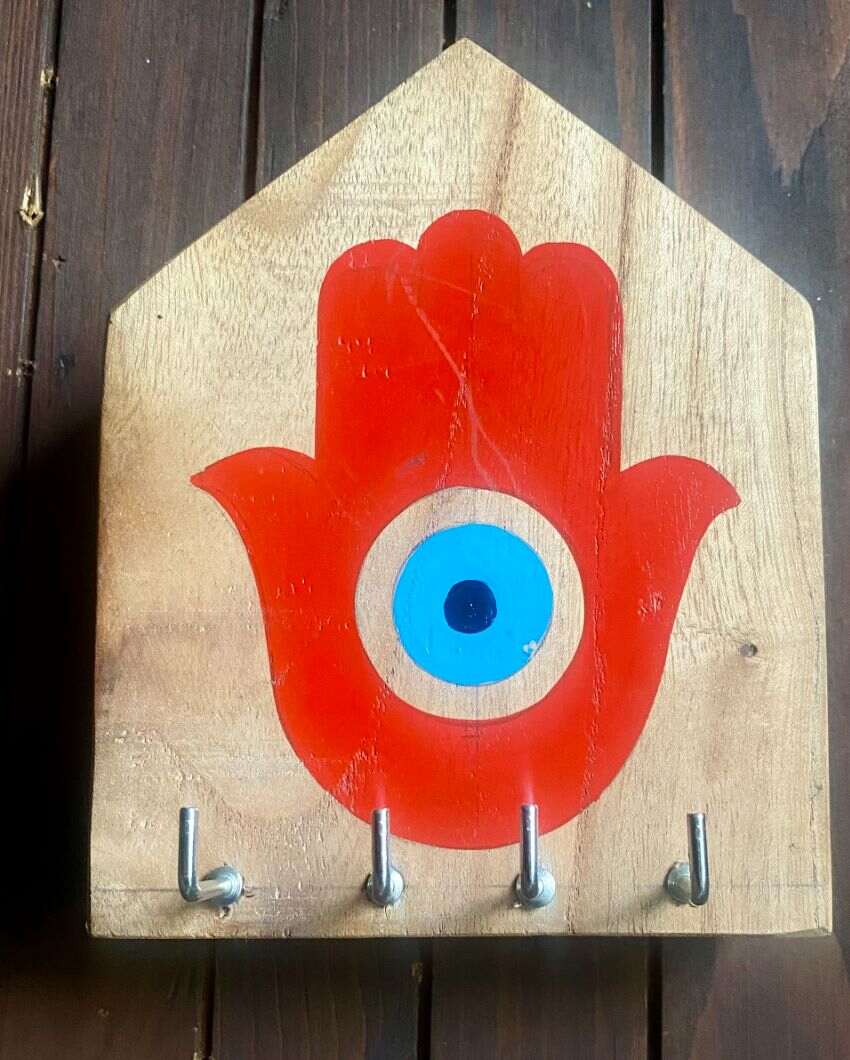 Hamsa Design Wooden Key Holder