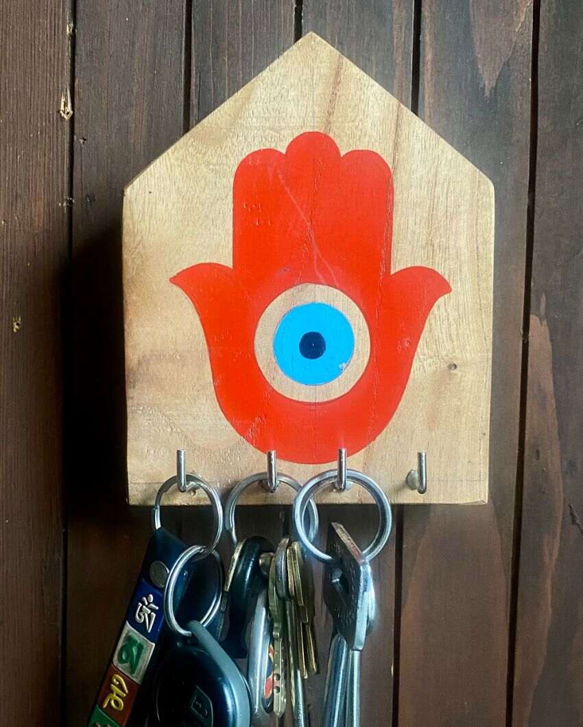 Hamsa Design Wooden Key Holder