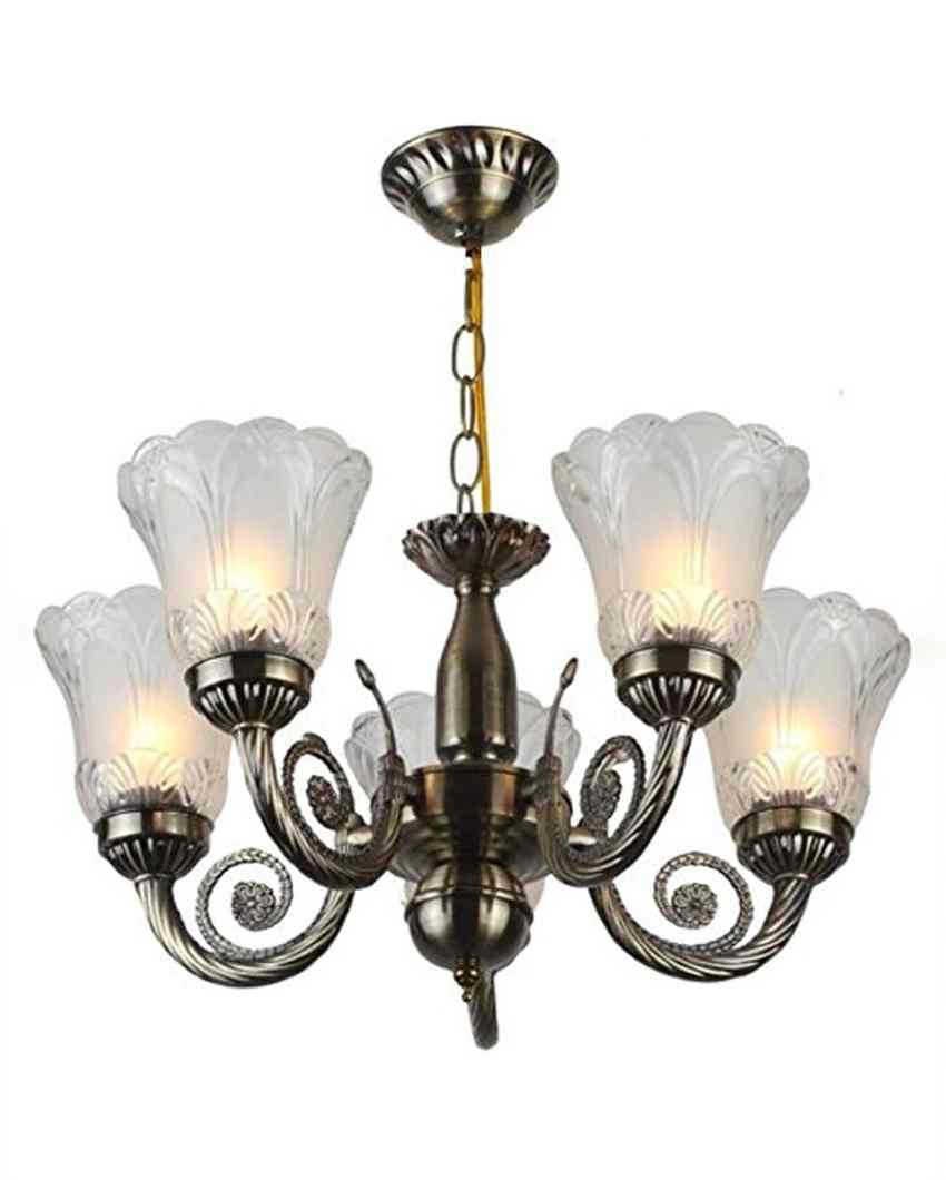 Industrial Metal Fitting Five Glass Shade Chandelier Jhoomer | 18 x 18 x 19 inches