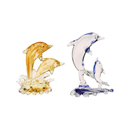 Mother Dolphin with Calf & Dolphins Crystal Glass Showpiece | Set of 2