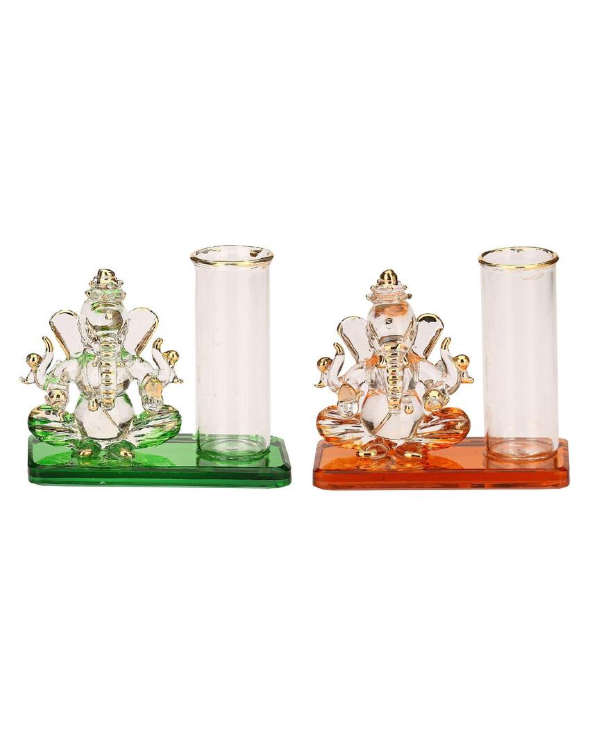 Ganesha Table Top Pen Stand Crystal Glass Showpiece | Set of 2 | 4 x 2 inches