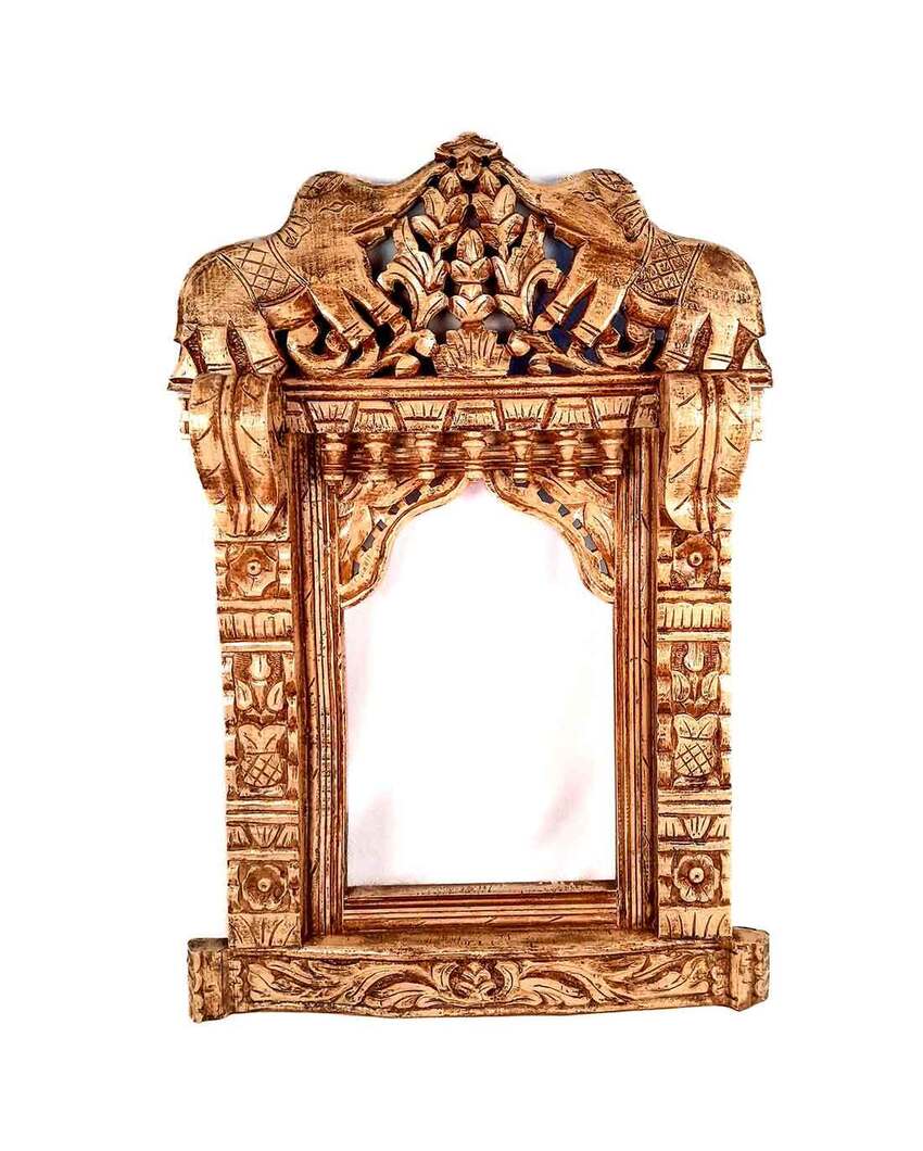 Decorative Wood Polished Jharokha with Elephant Design Wall Hanging