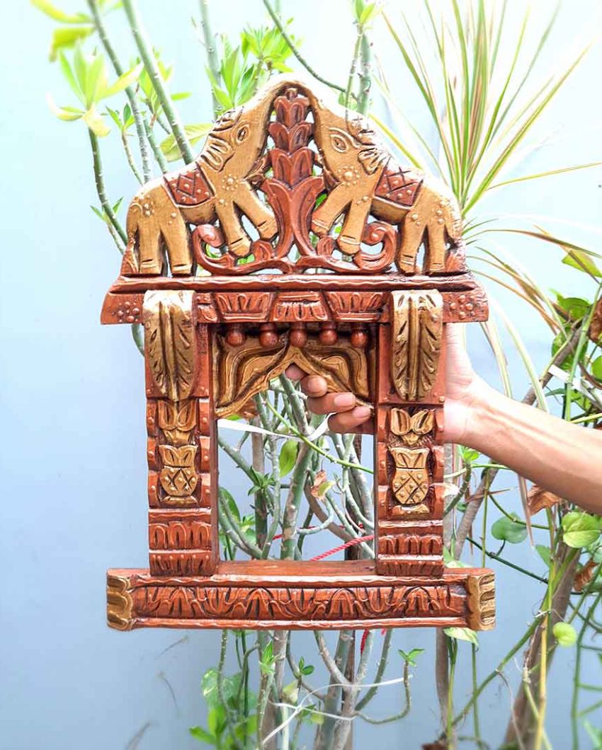 Classic Wood Polished Jharokha with Elephant Design Wall Hanging