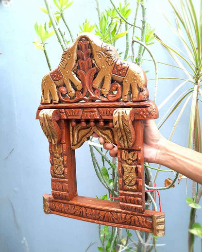 Classic Wood Polished Jharokha with Elephant Design Wall Hanging