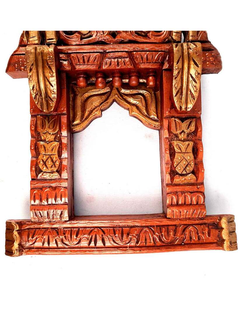 Classic Wood Polished Jharokha with Elephant Design Wall Hanging