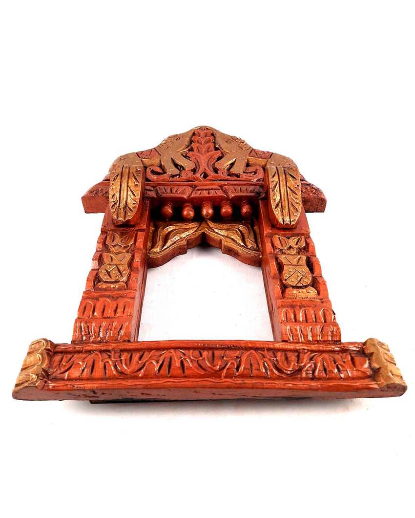 Classic Wood Polished Jharokha with Elephant Design Wall Hanging