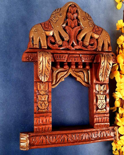 Classic Wood Polished Jharokha with Elephant Design Wall Hanging