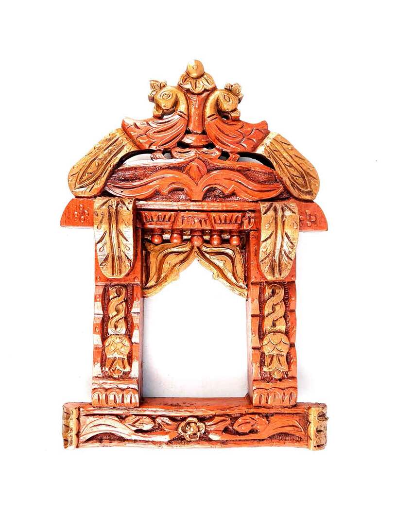 Beautiful Wood Polished Wooden Jharokha with Peacock Design Wall Hanging