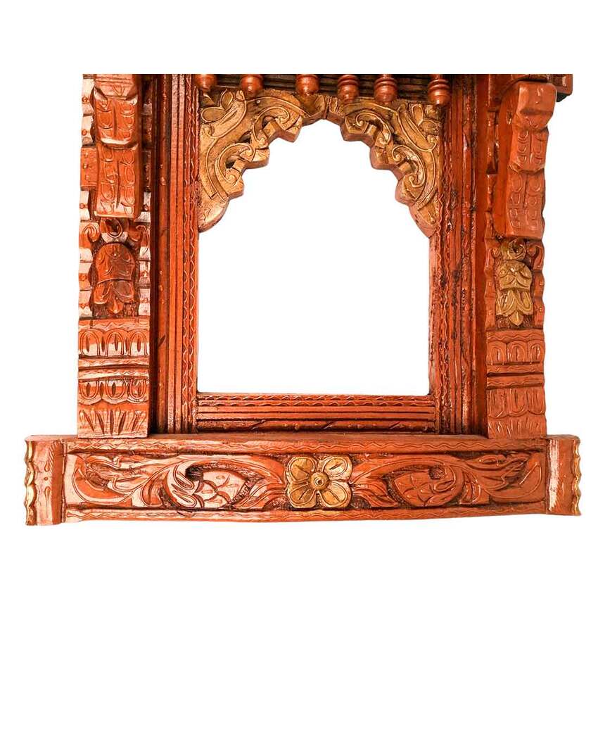 Beautiful Wood Polished Wooden Jharokha with Peacock Design Wall Hanging