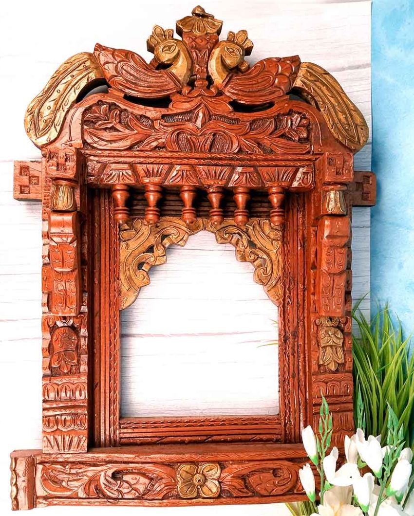 Beautiful Wood Polished Wooden Jharokha with Peacock Design Wall Hanging