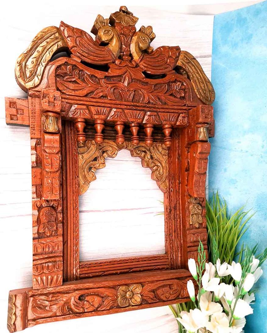 Beautiful Wood Polished Wooden Jharokha with Peacock Design Wall Hanging