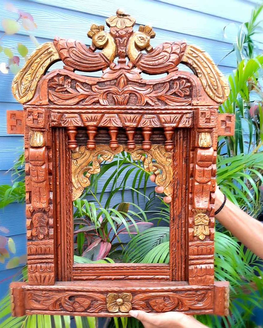 Beautiful Wood Polished Wooden Jharokha with Peacock Design Wall Hanging