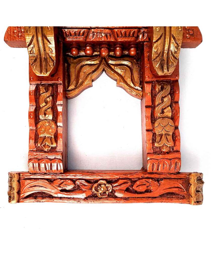 Beautiful Wood Polished Wooden Jharokha with Peacock Design Wall Hanging