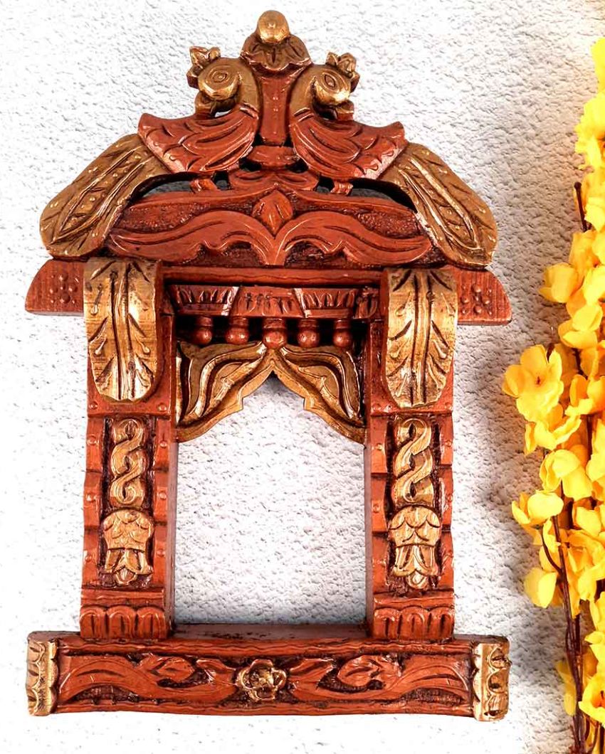 Beautiful Wood Polished Wooden Jharokha with Peacock Design Wall Hanging