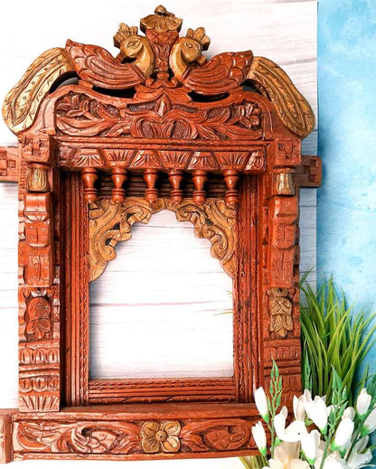 Beautiful Wood Polished Wooden Jharokha with Peacock Design Wall Hanging