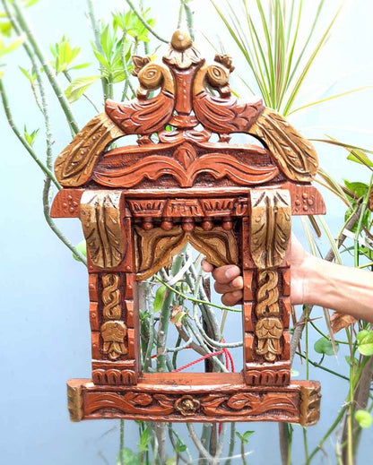 Beautiful Wood Polished Wooden Jharokha with Peacock Design Wall Hanging