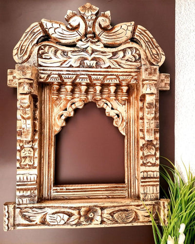 Stylish Wood Polished Jharokha with Peacock Design Wall Hanging