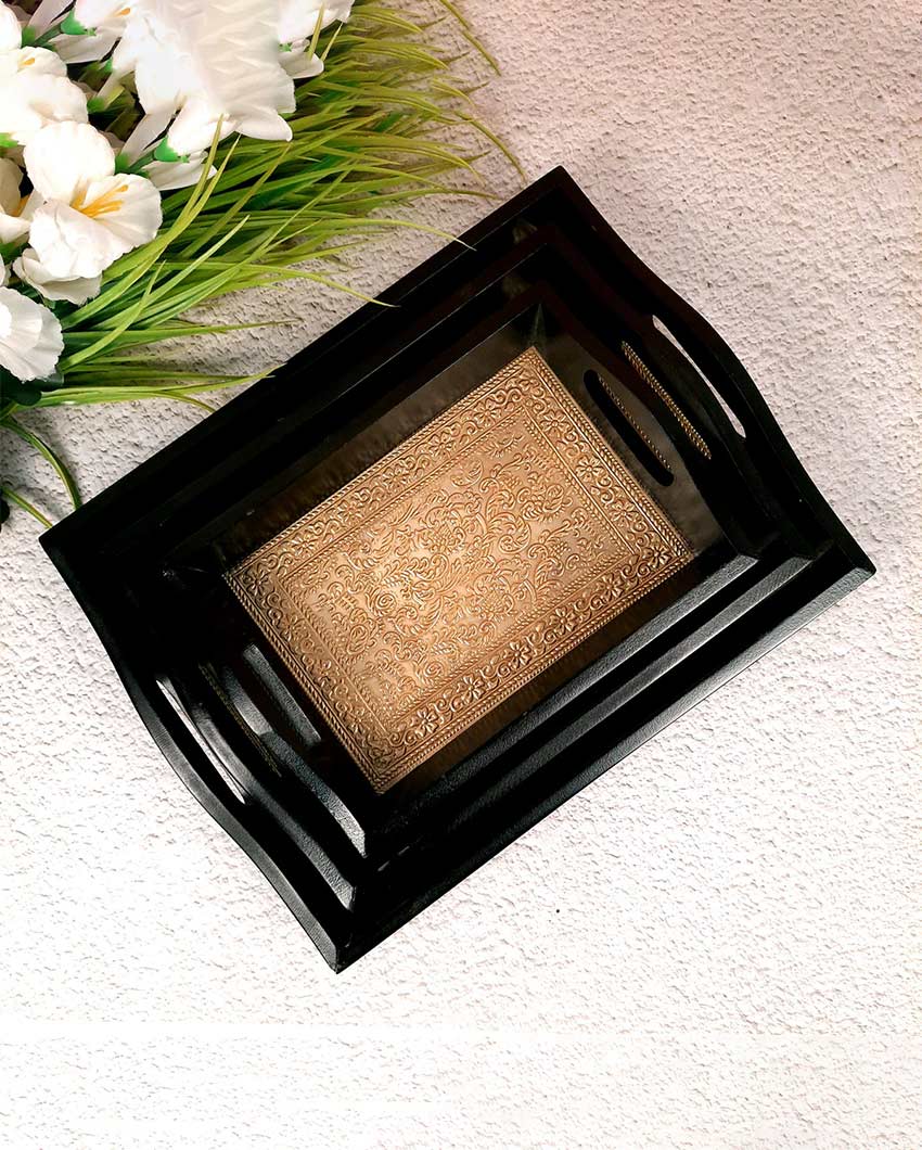 Elegant Brass and Wooden Polished Rectangle Tray | Set of 3