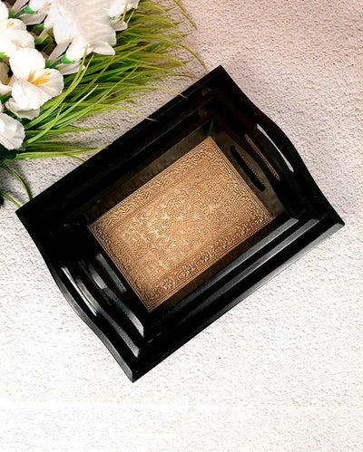 Elegant Brass and Wooden Polished Rectangle Tray | Set of 3