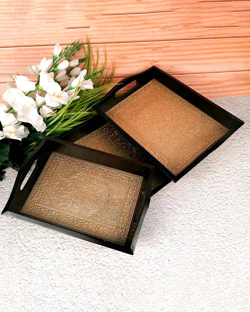 Elegant Brass and Wooden Polished Rectangle Tray | Set of 3