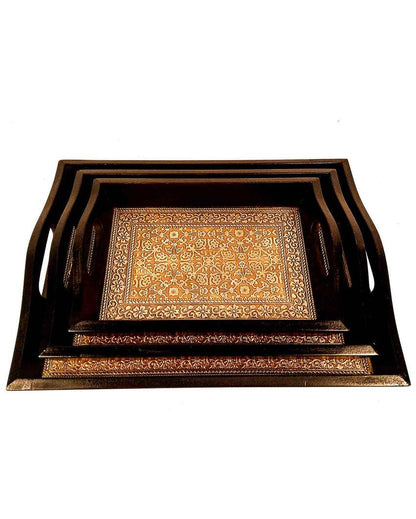 Elegant Brass and Wooden Polished Rectangle Tray | Set of 3