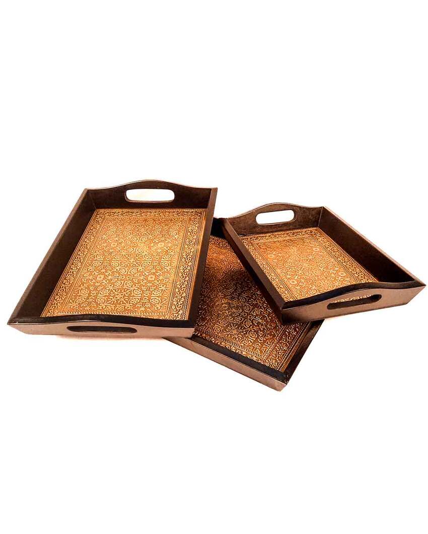 Elegant Brass and Wooden Polished Rectangle Tray | Set of 3