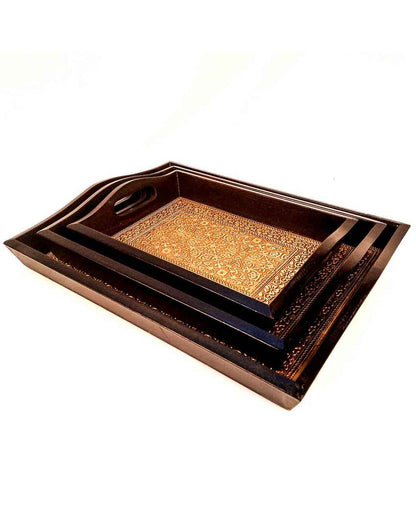 Elegant Brass and Wooden Polished Rectangle Tray | Set of 3