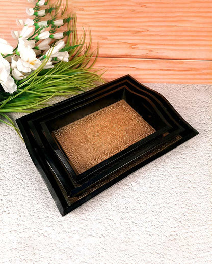 Elegant Brass and Wooden Polished Rectangle Tray | Set of 3