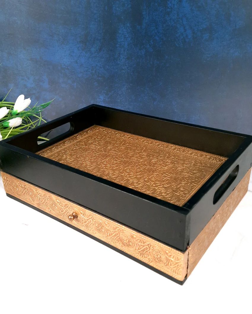 Functional Wooden and Brass Polished Tray with Drawer Storage | 14 x 4 x 10 inches