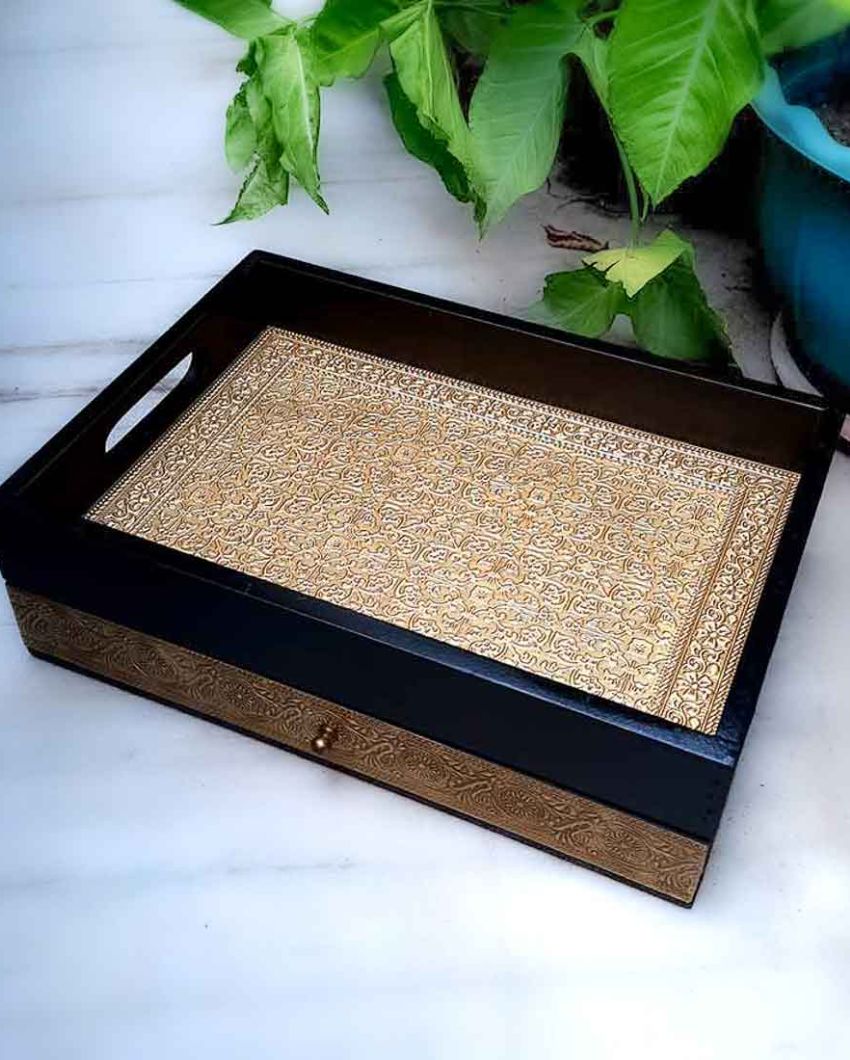 Functional Wooden and Brass Polished Tray with Drawer Storage | 14 x 4 x 10 inches