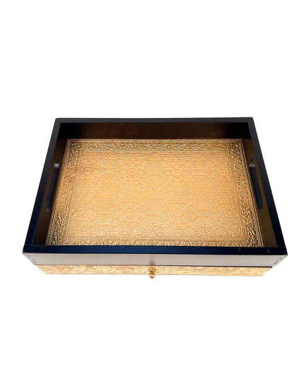 Functional Wooden and Brass Polished Tray with Drawer Storage | 14 x 4 x 10 inches