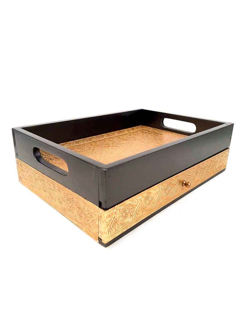 Functional Wooden and Brass Polished Tray with Drawer Storage | 14 x 4 x 10 inches