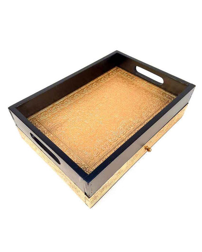 Functional Wooden and Brass Polished Tray with Drawer Storage | 14 x 4 x 10 inches