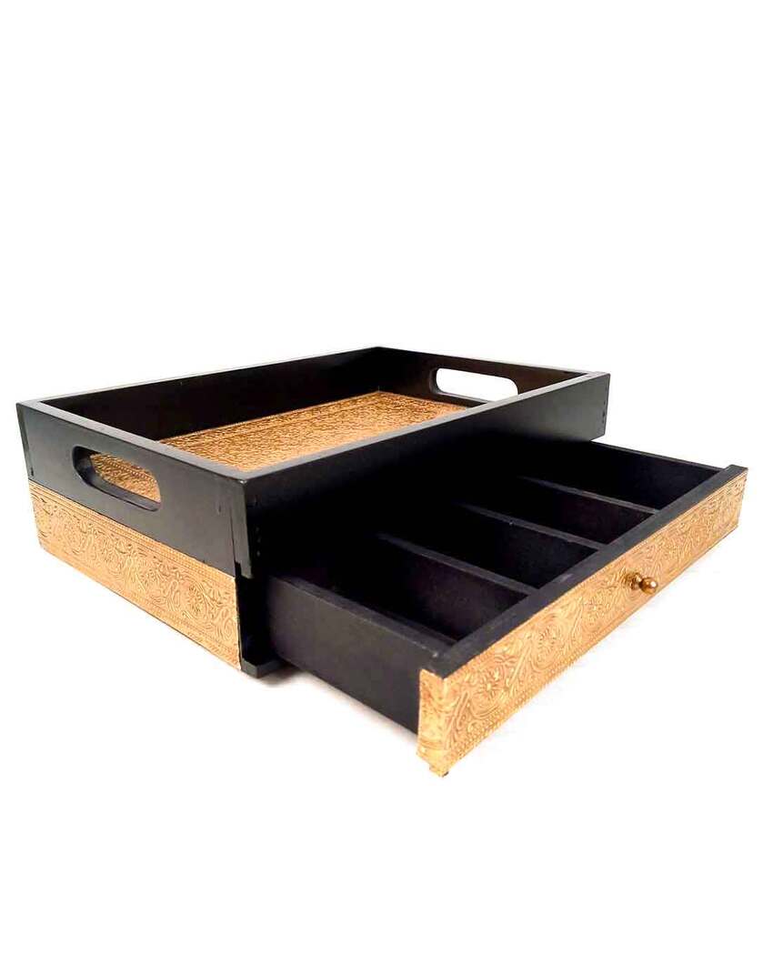 Functional Wooden and Brass Polished Tray with Drawer Storage | 14 x 4 x 10 inches