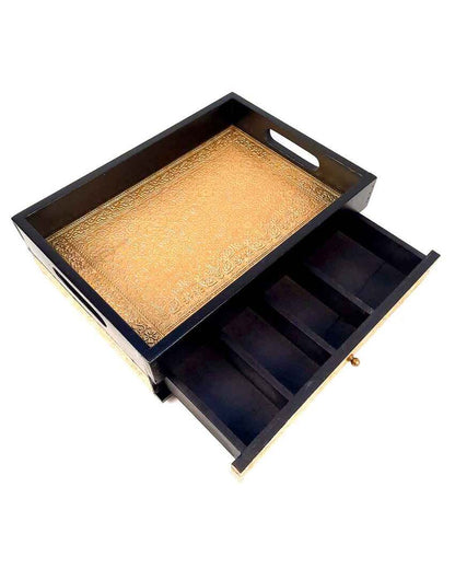 Functional Wooden and Brass Polished Tray with Drawer Storage | 14 x 4 x 10 inches